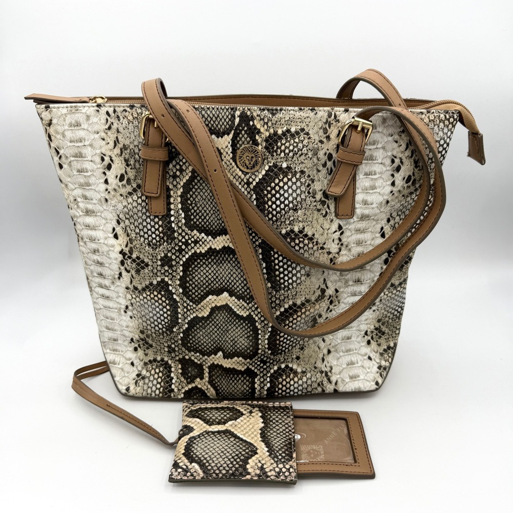 Anne Klein Snakeskin Print Handbag Tan Brown Grey Large Shoulder Bag Purse NEW
